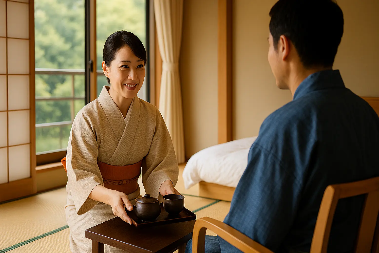 旅館の部屋におけるスタッフの接客