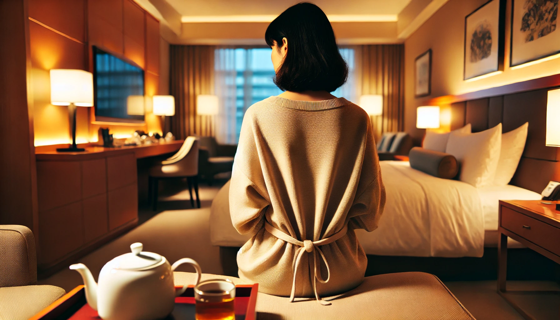 ホテルの部屋でルームウェアを着てくつろぐ日本人女性